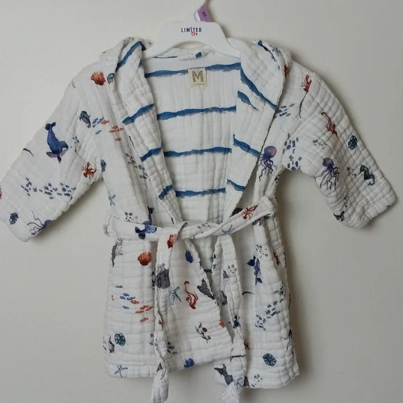 Malabar Baby Kids White Organic Cotton Muslin Sea Life Hooded Robe 1-2 Years - Picture 2 of 8